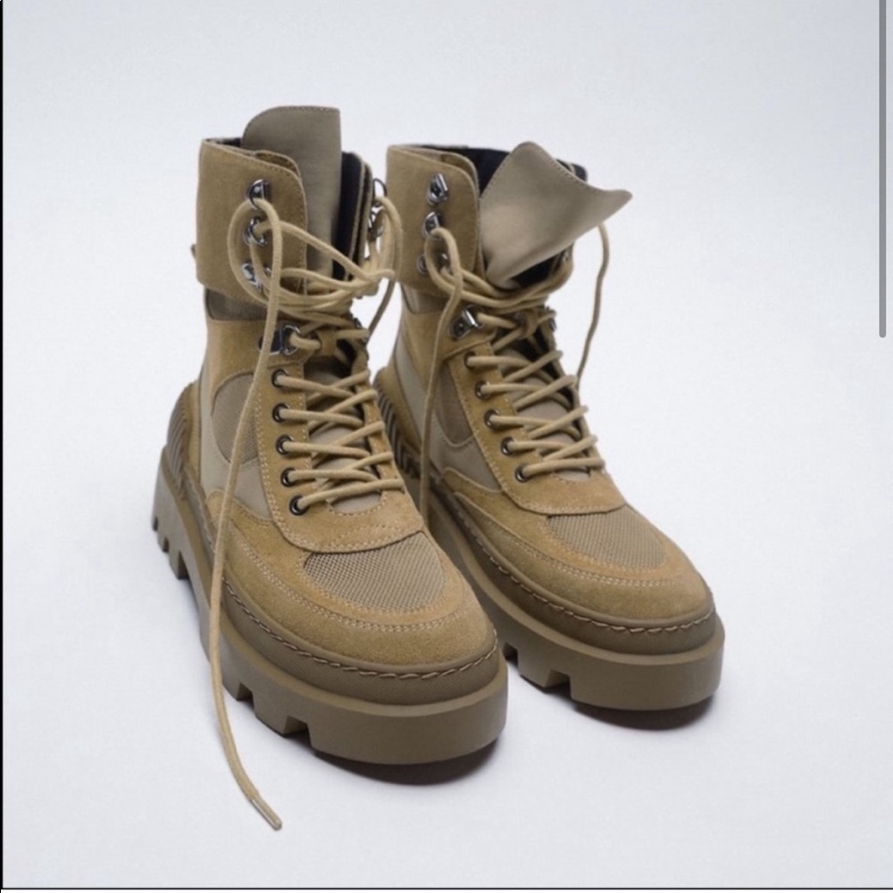 ZARA Laced Split Leather Low Heel Ankle Boots in Khaki Size 7 NWT
